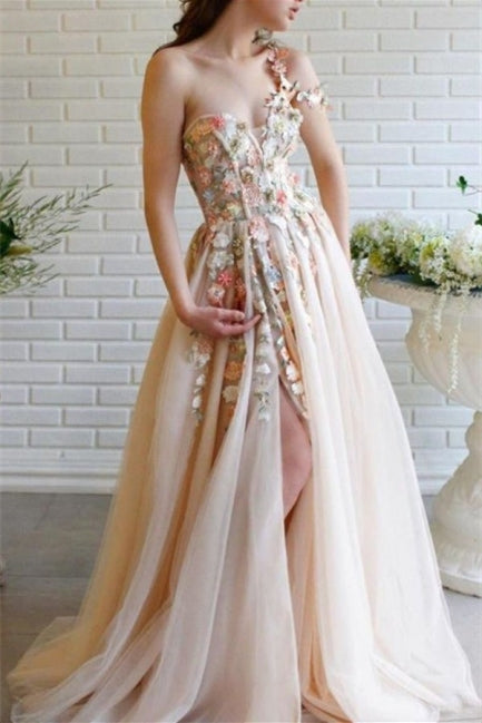 Classic One Shoulder Prom Dress Tulle With Flowers Split