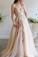 Classic One Shoulder Prom Dress Tulle With Flowers Split