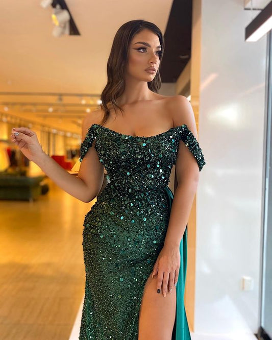 Stunning Dark Green Off-the-Shoulder Sequins Prom Dress Split Long