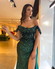Stunning Dark Green Off-the-Shoulder Sequins Prom Dress Split Long