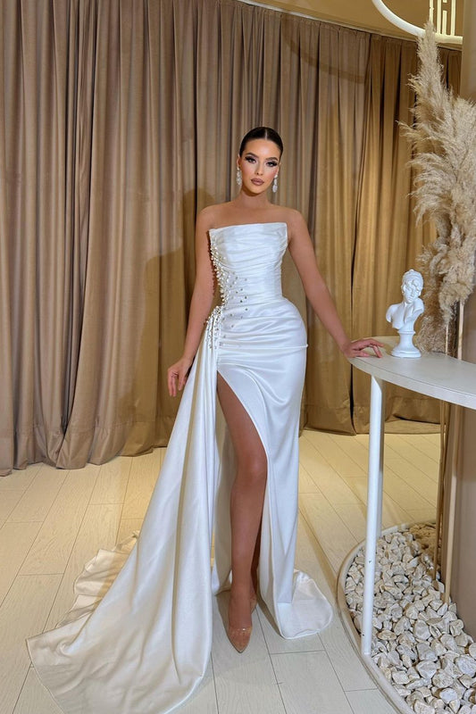 Modern White Strapless Mermaid Prom Dress Pearls With Split Ruffles