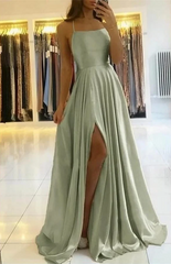  Sage Green Spaghetti-Straps Prom Dress Long Pleated with Slit