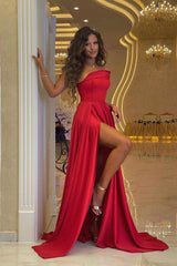 Modern One Shoulder Red Slit Prom Dress Long