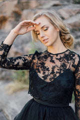 Elegant Black A-Line Wedding Dress with Bateau Neckline, Long Sleeves, and Lace Appliques