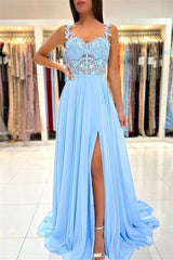 Charming Sky Blue Sleeveless Prom Dress Long Chiffon Slit With Lace Appliques