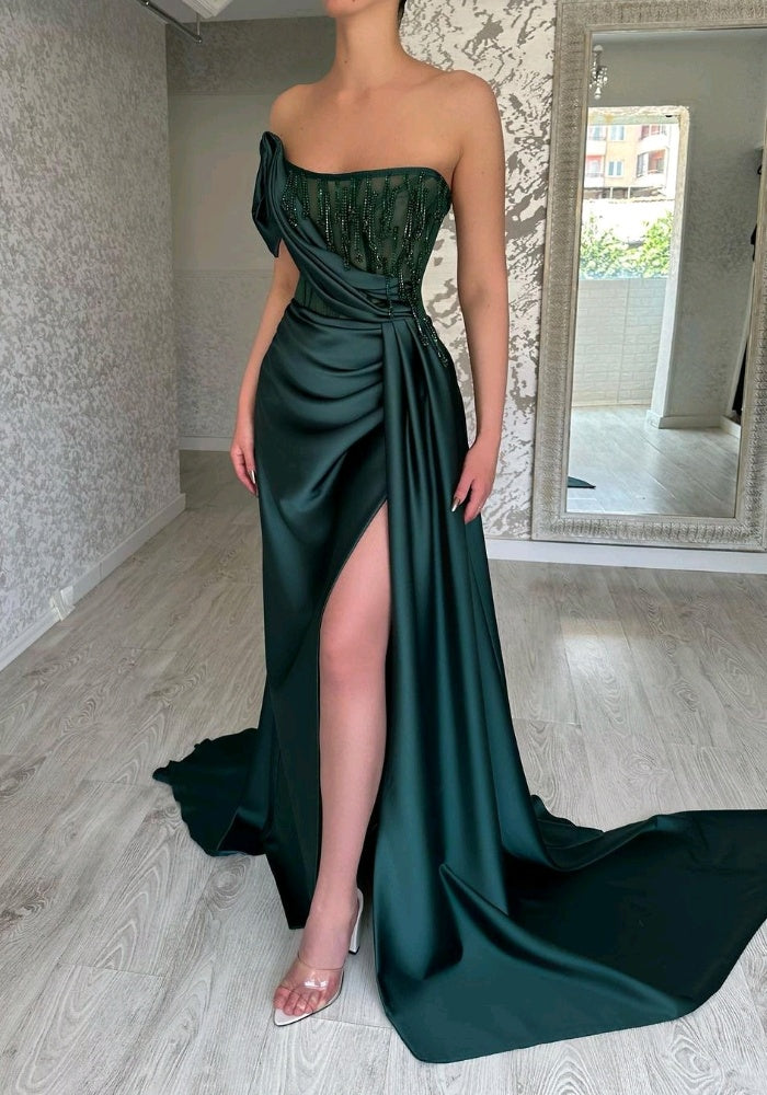 Green Strapless Prom Dress Long Beading Split Mermaid Dress