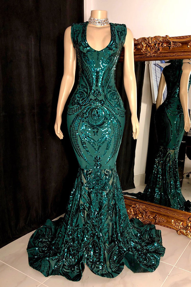 Modern Sleeveless V-Neck Mermaid Prom Dresses Sequins Long Online