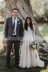 Elegant Scoop Neck A-line Wedding Gown with Long Lace Sleeves and Sweep Train