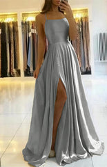  Sage Green Spaghetti-Straps Prom Dress Long Pleated with Slit