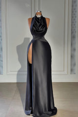 New Arrival Black High Neck Mermaid Prom Dress Beads Pleats With Split
