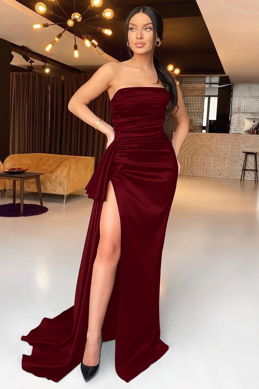 Black Strapless Mermaid Evening Dress with Split