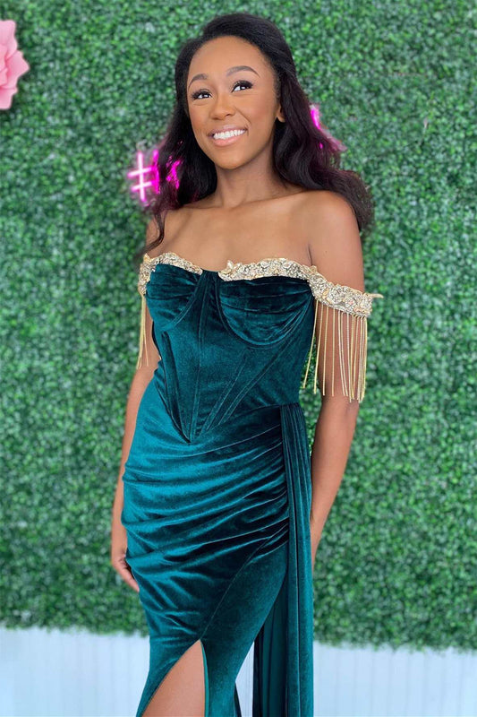 Classic Off-the-Shoulder Prom Dress Mermaid  Velvet With Beads Tassels
