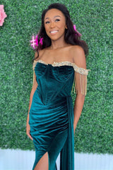 Classic Off-the-Shoulder Prom Dress Mermaid  Velvet With Beads Tassels