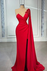 Gorgeous V-Neck Red One Shoulder Ruffle Prom Dress Mermaid With Slit