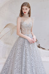 Gorgeous Princess Tulle Prom Dress Lace Sheer Top Long With Beads