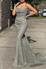 Classy Spaghetti-Straps Mermaid Prom Dress Long Open Back With Zipper