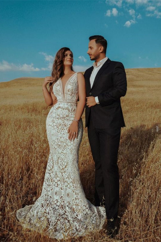 Empire Mermaid Wedding Dress with V Neck and Beaded Lace