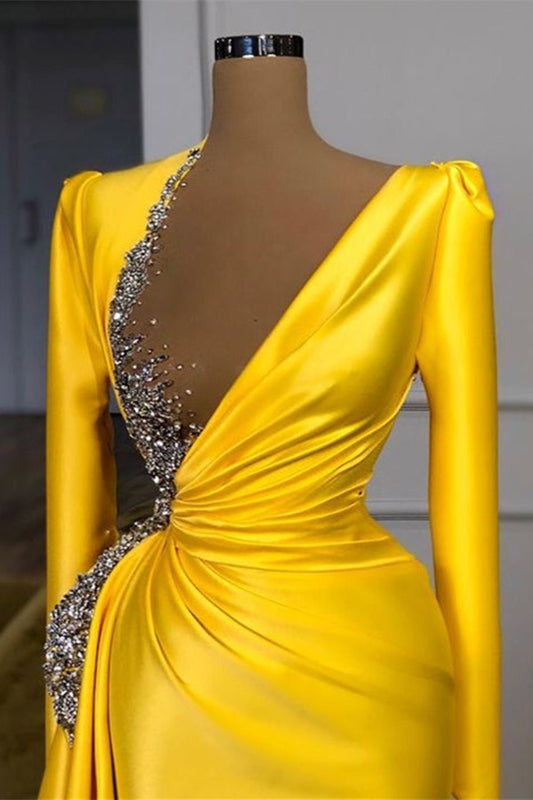 Gorgeous Long Sleeves Yellow Prom Dress With Beads Sequins