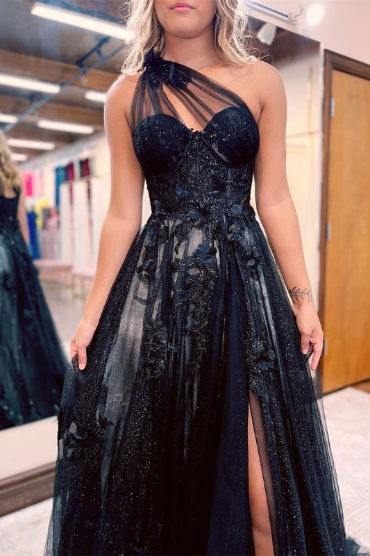 Elegant Dark Navy One Shoulder Prom Dress Long Tulle Slit With Appliques