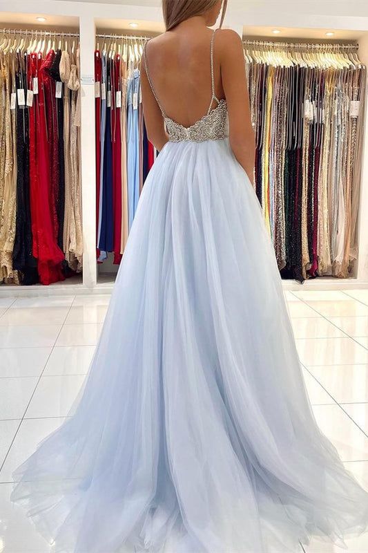 Amazing Spaghetti-Straps Sky Blue Prom Dress Tulle Open Back With Beads