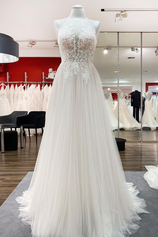 Elegant A-line Long Wedding Dress with Lace Tulle and Open Back