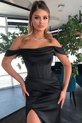Off-the-Shoulder Black Prom Dress Mermaid Long With Split