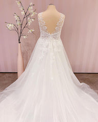 Elegant Backless V-neck A-Line Wedding Gown with Lace Appliques