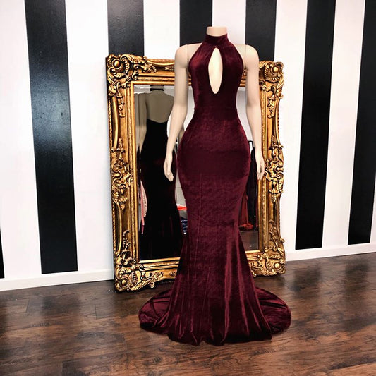 Stunning High Neck Burgundy Keyhole Prom Dress Mermaid Velvet
