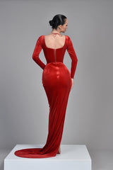 Modern Long Sleeves Red Prom Dresses Velvet Split Long Mermaid