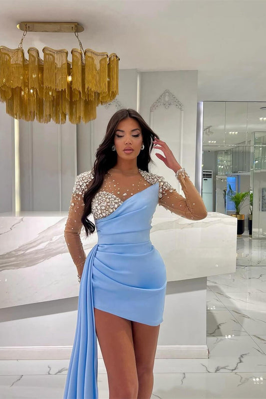 Fabulous Sky Blue Long Sleeves Short Prom Gown With Crystals Ruffles