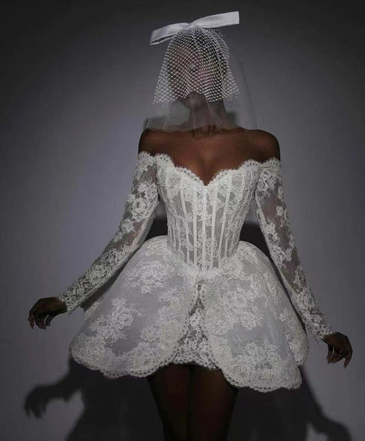 Elegant Off-The-Shoulder Short Wedding Gown With Long Sleeves