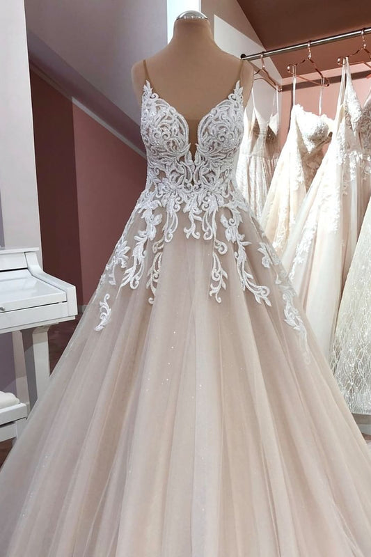 Elegant A-Line Wedding Dress with Sequins, Lace, and Tulle Appliques on Spaghetti Straps