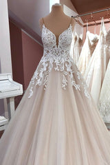 Elegant A-Line Wedding Dress with Sequins, Lace, and Tulle Appliques on Spaghetti Straps