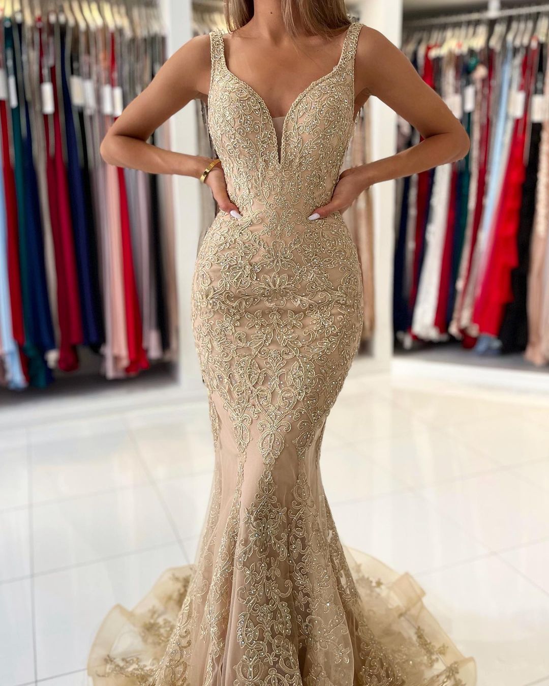 Amazing Gold Appliques Mermaid Prom Dress Long Sleeveless
