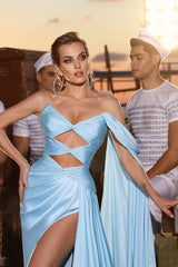 Gorgeous Sky Blue Sweetheart Mermaid Prom Dress With High Split Ruffles