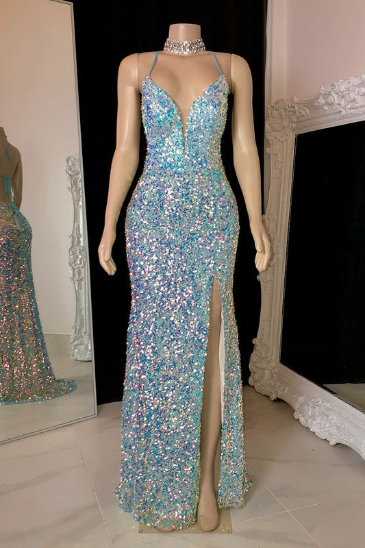 Modern Halter Sequins Mermaid Prom Dresses Sleeveless Long Split On Sale