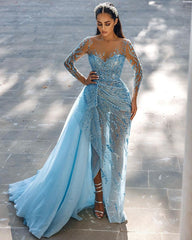 Glorious Long Sleeves Sky Blue Prom Dress Mermaid Slit With Sequins Appliques