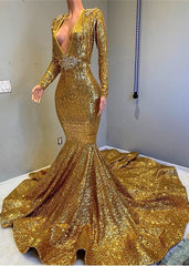 Gorgeous Gold Sequins Long Sleeves Prom Dress Mermaid Deep V-Neck