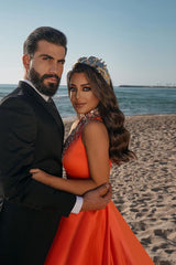 Glamorous Orange Beadings Prom Dress Split With Ruffles