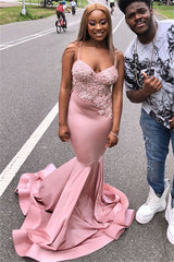 Charming Spaghetti-Straps Pink Mermaid Prom Dresses Lace Appliques Online