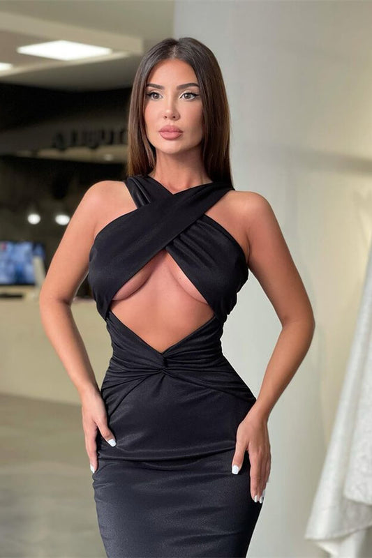 Gorgeous Halter Black Mermaid Prom Dress Sleeveless On Sale