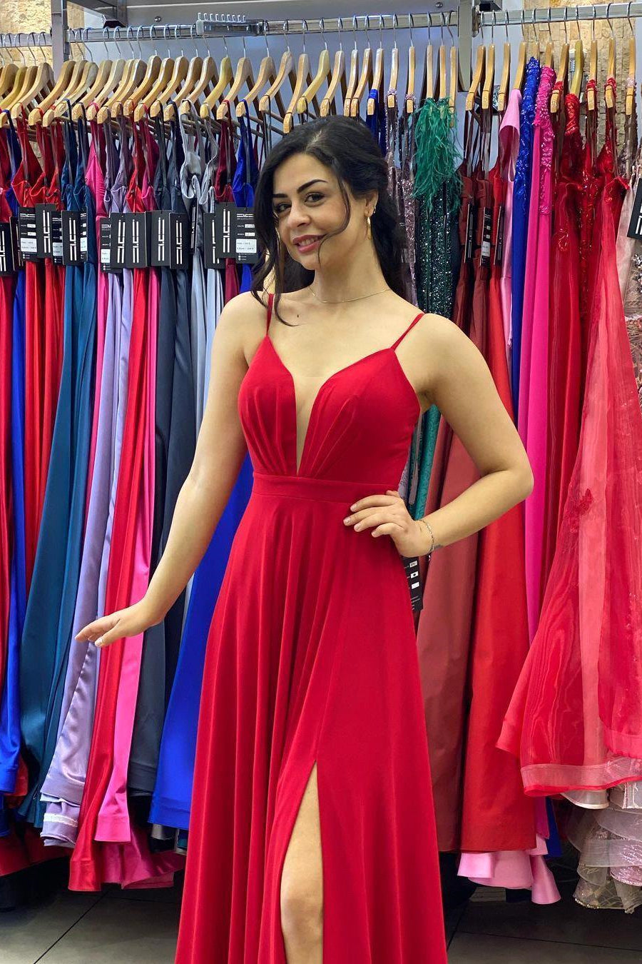 Modern Spaghetti-Straps Red Prom Dress Long With Slit
