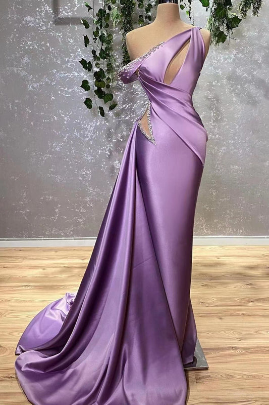 Classic One Shoulder Lilac Prom Dress Mermaid Ruffle With Beads