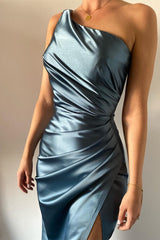 New Arrival Dusty Blue One Shoulder Sleeveless Mermaid Prom Dress Pleats With Split Detachable Ruffles
