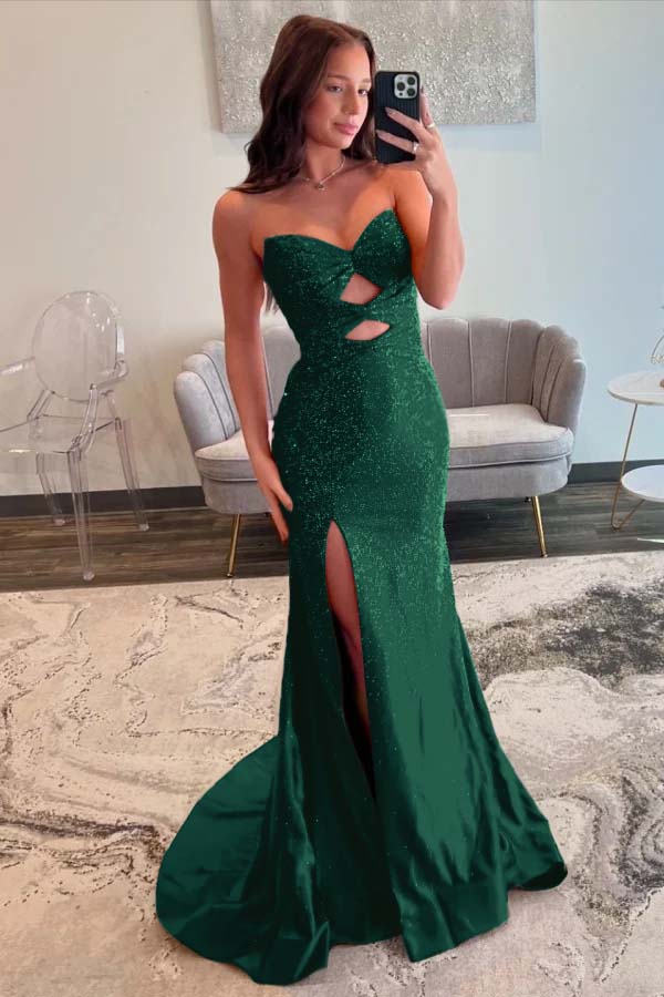 Fuchsia Sleeveless Strapless V-Neck Beaded Split Prom Dress