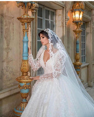 Elegant Deep V-neck A-Line Wedding Gown With Long Sleeves and Lace Appliques