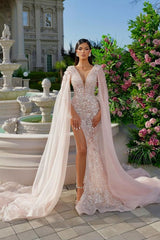 Luxurious Pink Beaded Ribbon Prom Dress Split Shine Mermaid Dress