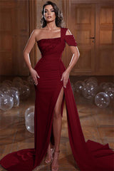 Glamorous One Shoulder Mermaid Sequins Evening Dress with Slit Ruffles
