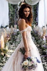 Elegant Off-The-Shoulder Long A-line Wedding Gown in Lace Tulle
