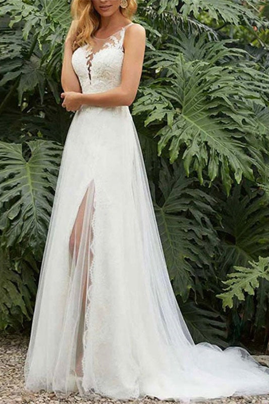 Wedding Dress with Lace and Split Sleeveless Design